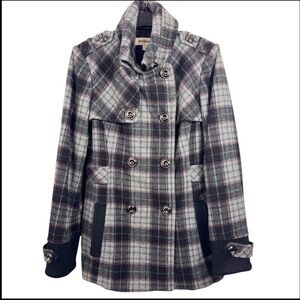 Vintage Y2K Hydraulic Womens M Gray Double Breasted Plaid Peacoat Flannel Wool